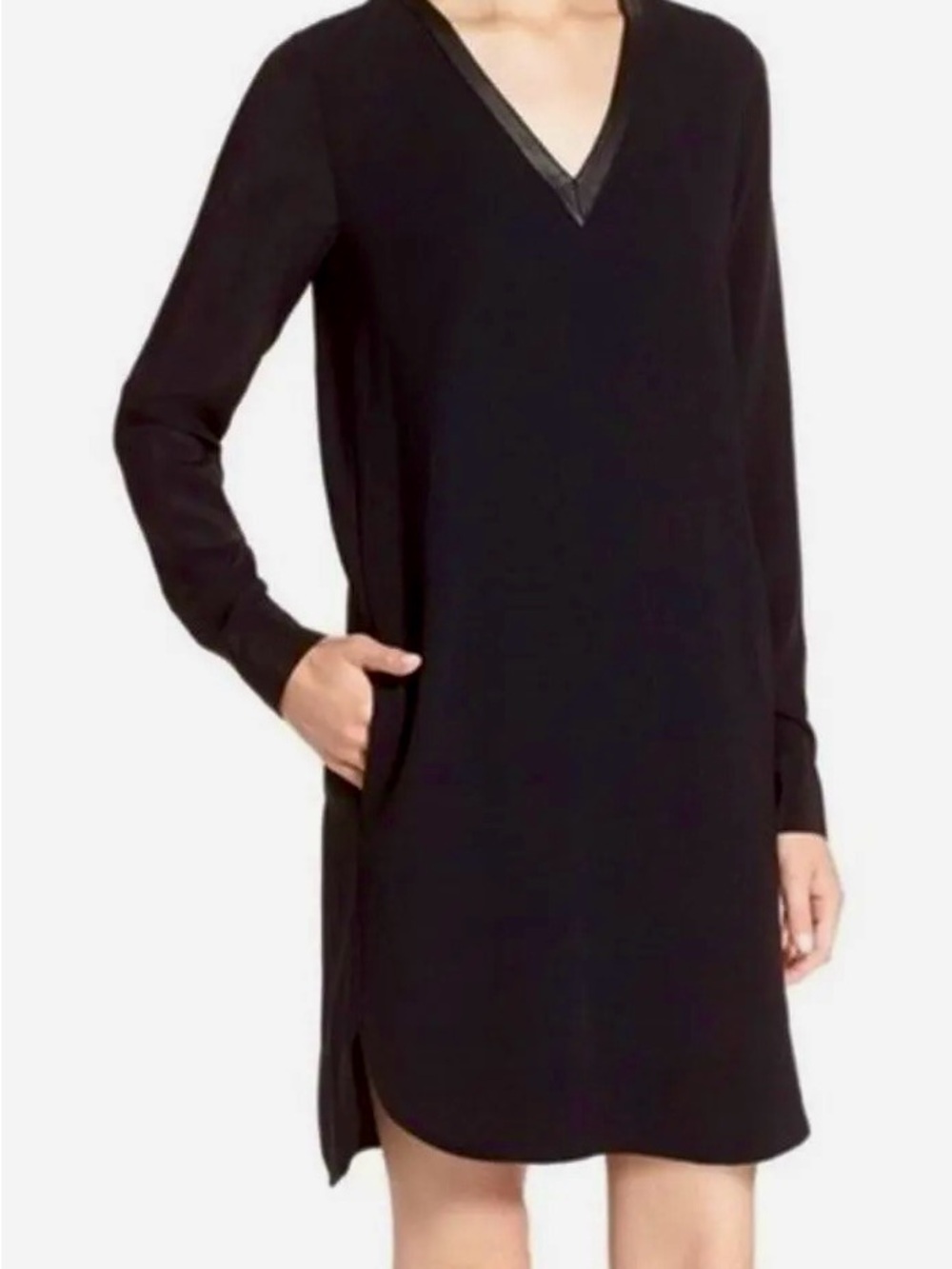 Vince Black Mixed Media V-Neck Shift Dress Size 10